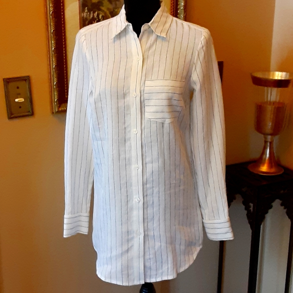 Michael Michael Kors white black stripe linen top roll cuffs w/cuff link…XS New